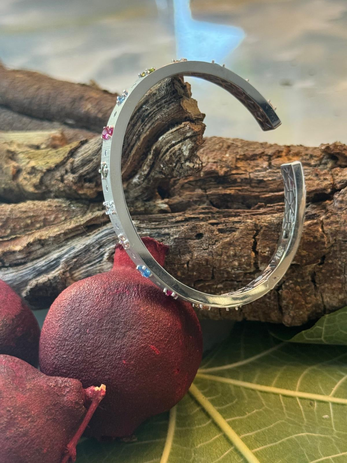 18K Solid Gold Bangle with Coloured Zirconia Stones - White Gold