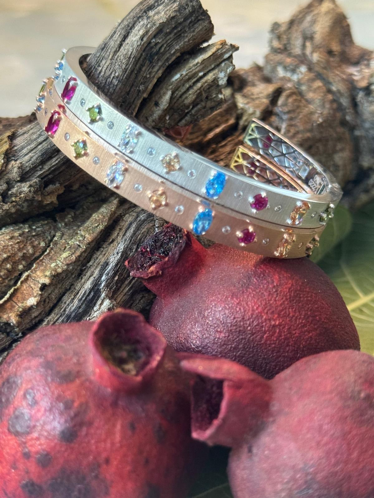 18K Solid Gold Bangle with Coloured Zirconia Stones - Rose Gold