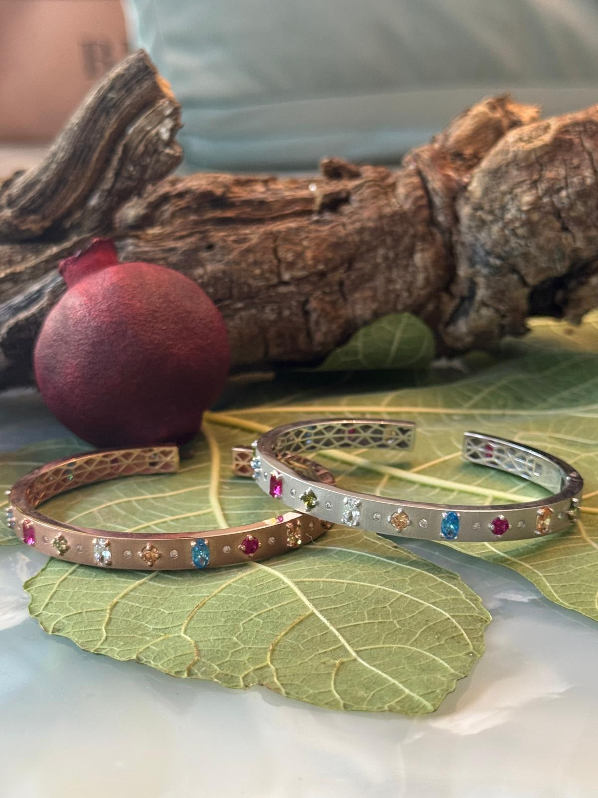 18K Solid Gold Bangle Set - White Gold & Rose Gold with Coloured Zirconia Stones