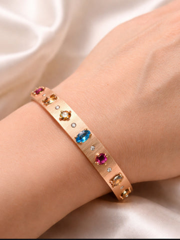 18K Solid Gold Bangle with Coloured Zirconia Stones - Rose Gold