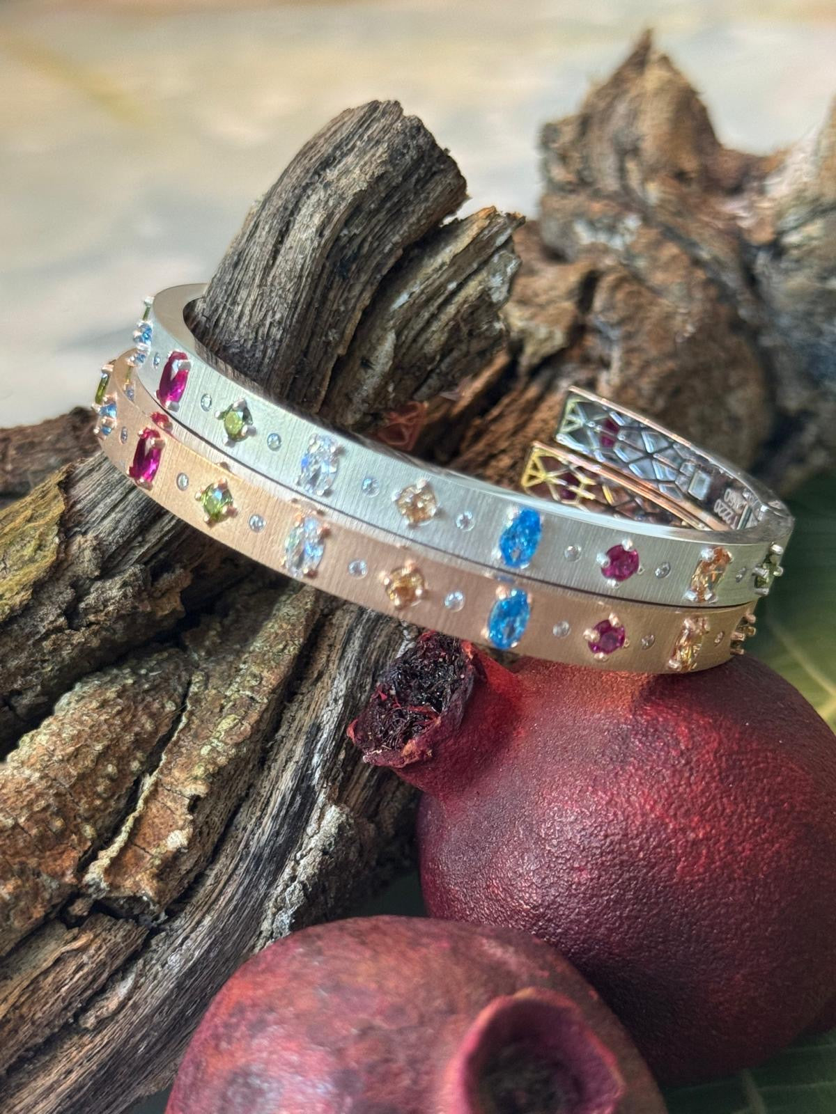 18K Solid Gold Bangle Set - White Gold & Rose Gold with Coloured Zirconia Stones