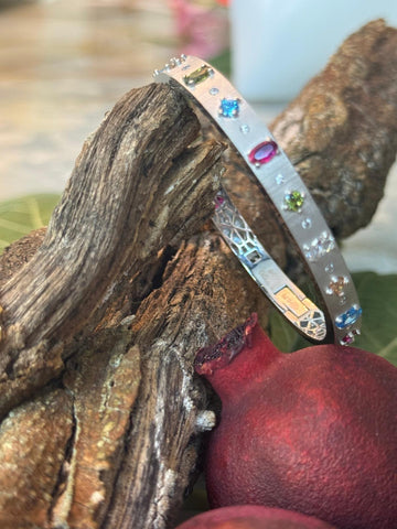 18K Solid Gold Bangle with Coloured Zirconia Stones - White Gold