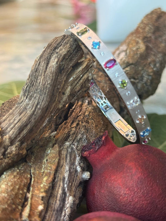 18K Solid Gold Bangle Set - White Gold & Rose Gold with Coloured Zirconia Stones