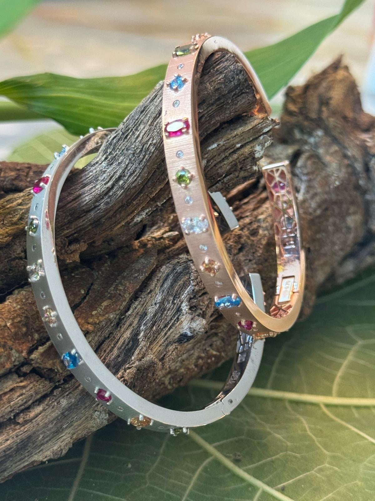 18K Solid Gold Bangle Set - White Gold & Rose Gold with Coloured Zirconia Stones