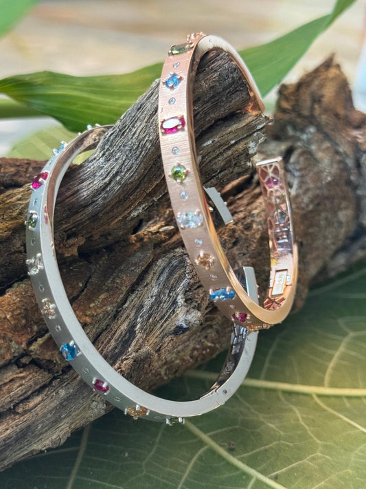 18K Solid Gold Bangle with Coloured Zirconia Stones - Rose Gold