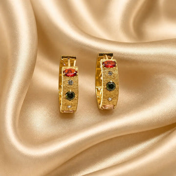 18k Yellow Gold Hoop Earrings With Multicolour Zirconia - 7g (Approx)