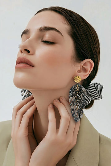 Marble Feather Drop Earrings With Gold Hammered Stud