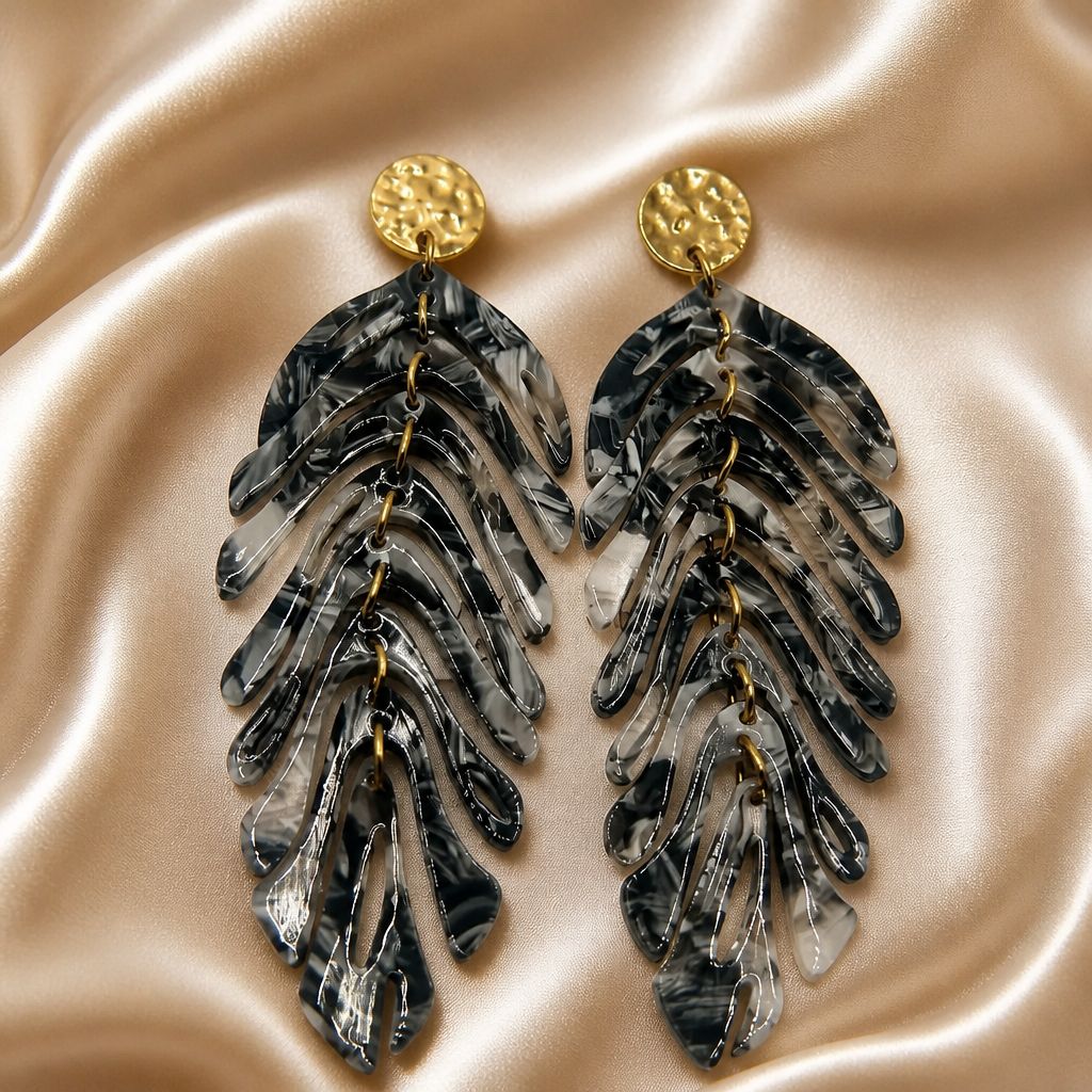 Marble Feather Drop Earrings With Gold Hammered Stud