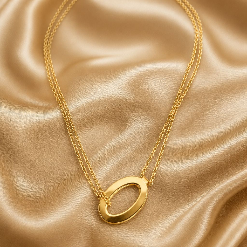 Gold Plated Sterling Silver Oval Ring Necklace - Double Chain