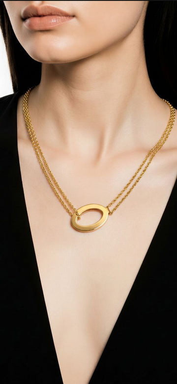 Gold Plated Sterling Silver Oval Ring Necklace - Double Chain