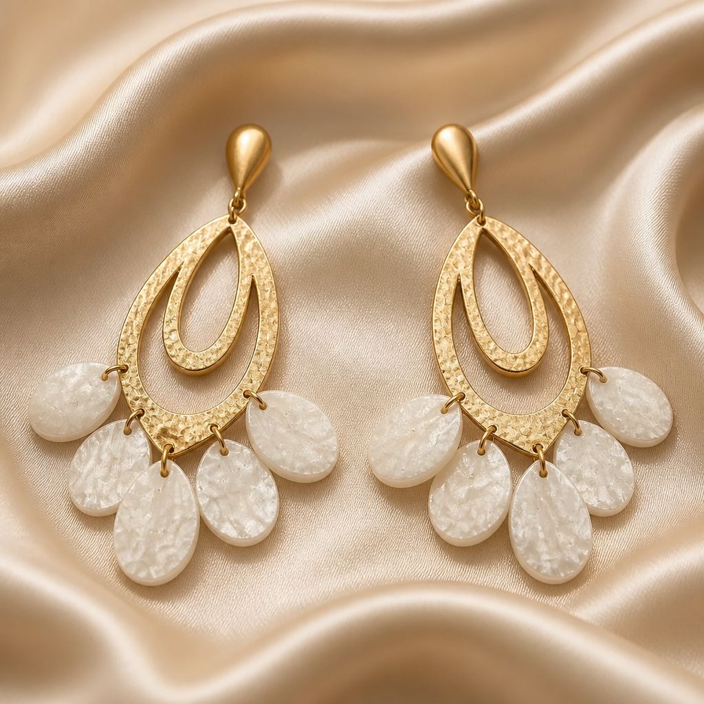 Gold Teardrop Hoop Earrings With Mother of Pearl Charms