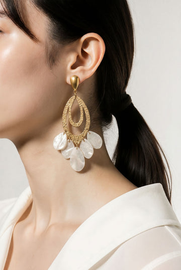 Gold Teardrop Hoop Earrings With Mother of Pearl Charms
