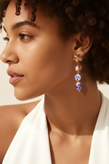 Gold Flower & Blue Floral Bead Drop Earrings