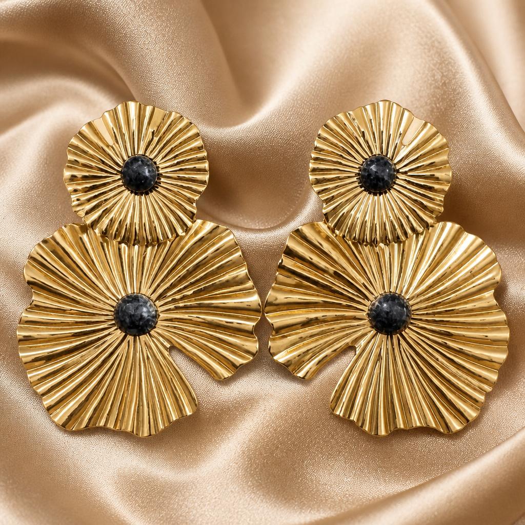 Gold Ribbed Double Flower Drop Earrings With Black Stone