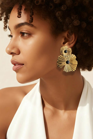 Gold Ribbed Double Flower Drop Earrings With Black Stone