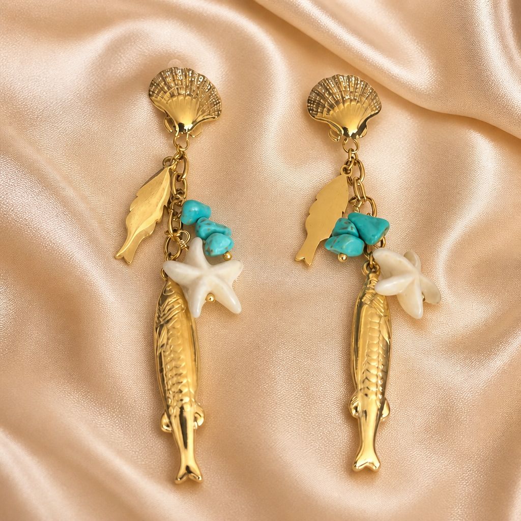 Gold Ocean Charm Drop Earrings With Turquoise & Starfish
