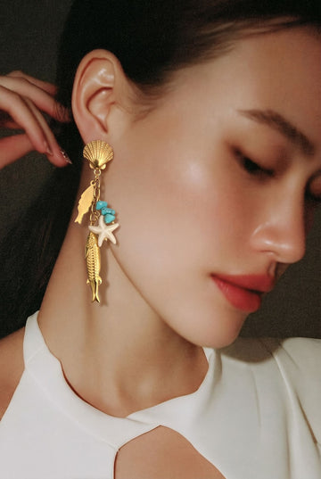 Gold Ocean Charm Drop Earrings With Turquoise & Starfish