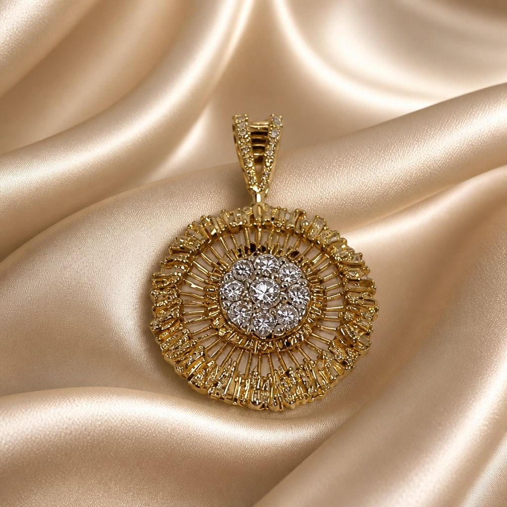 Vintage 14k Solid Gold Sunburst Pendant With 1.50ct Natural Diamonds — 13g (Approx)
