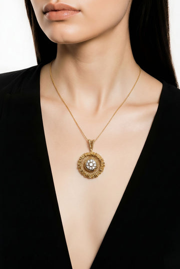 Vintage 14k Solid Gold Sunburst Pendant With 1.50ct Natural Diamonds — 13g (Approx)