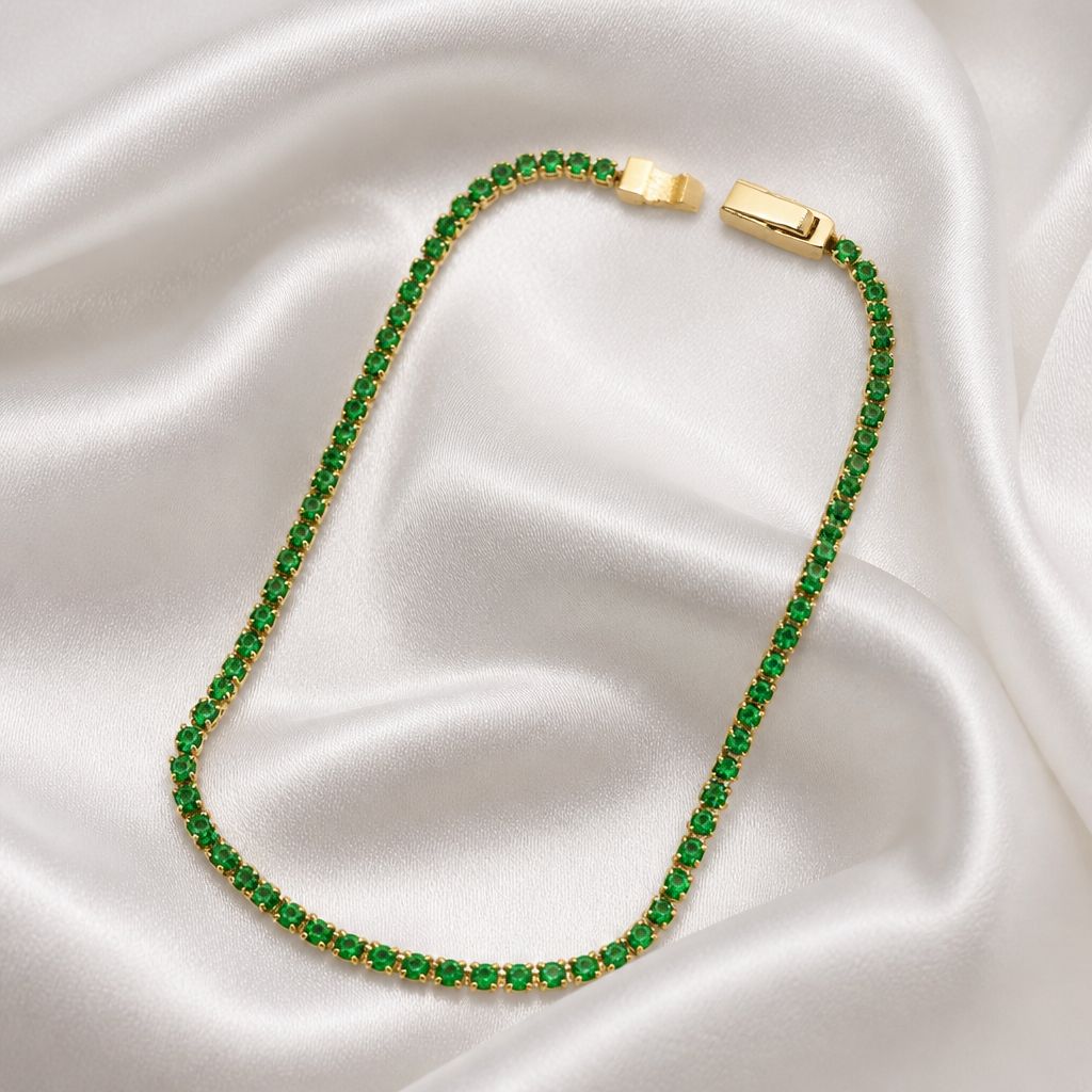14k Gold Tennis Bracelet With Emerald Green Zirconia - 3g (Approx)