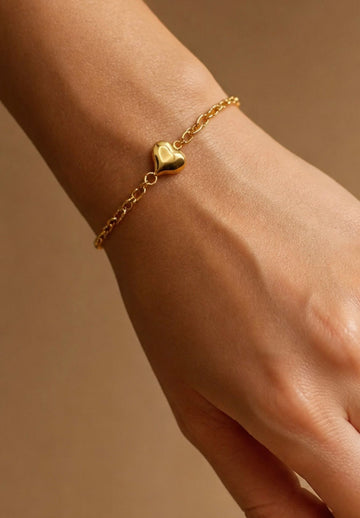 14k Gold Puffy Heart Chain Bracelet - 3g (Approx)