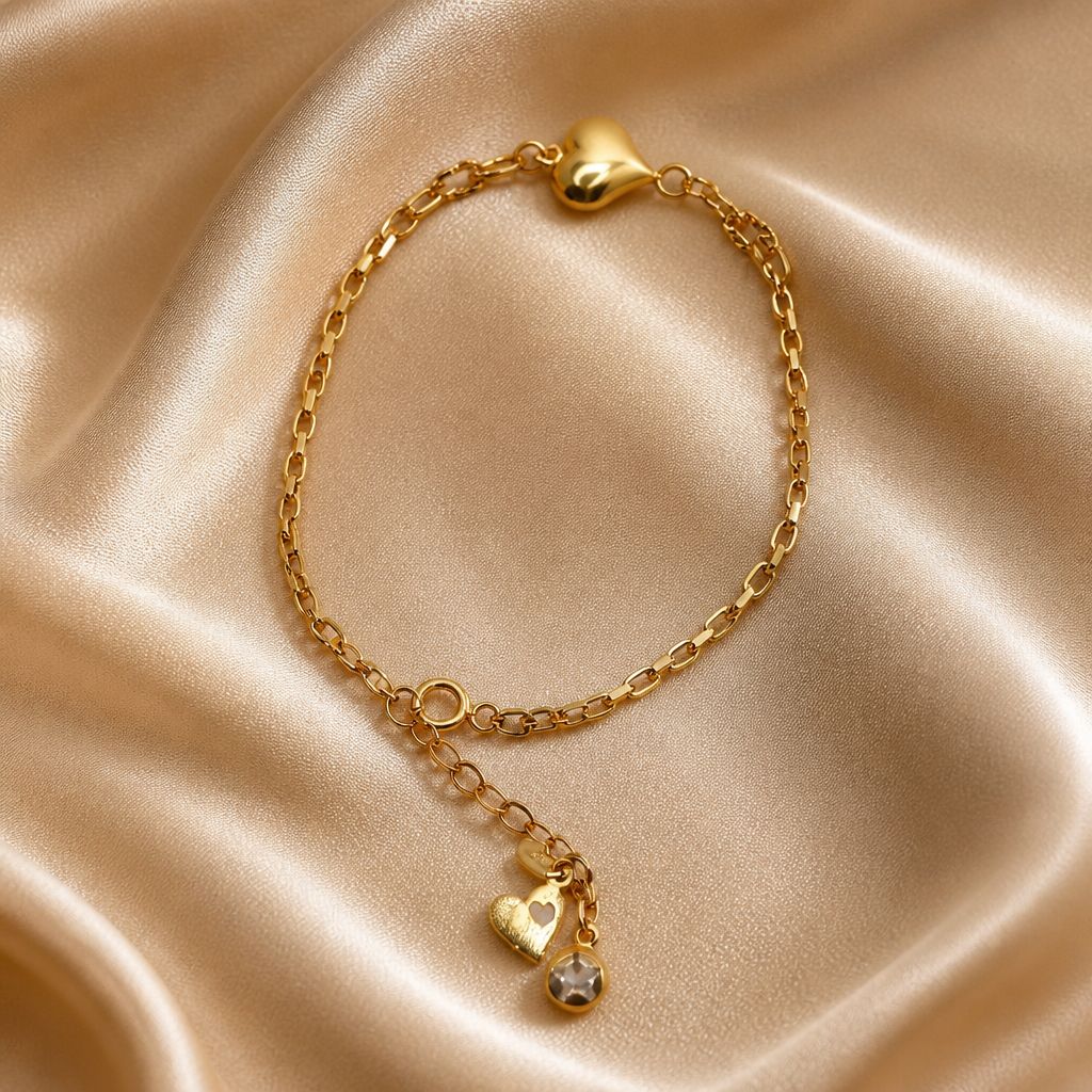 14k Gold Puffy Heart Chain Bracelet - 3g (Approx)