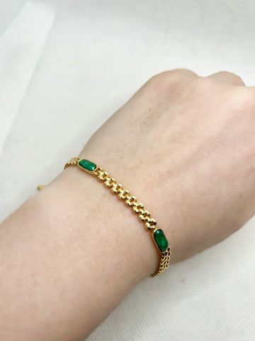 9k Gold Panther Chain Bracelet With Malachite Stations - 5g (Approx)