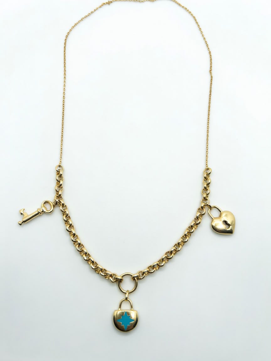 18k Gold Charm Necklace With Heart, Lock & Key - 11g (Approx)