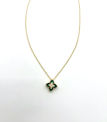 18k Gold Double-Sided Malachite & Zirconia Flower Pendant Necklace - 3g (Approx)