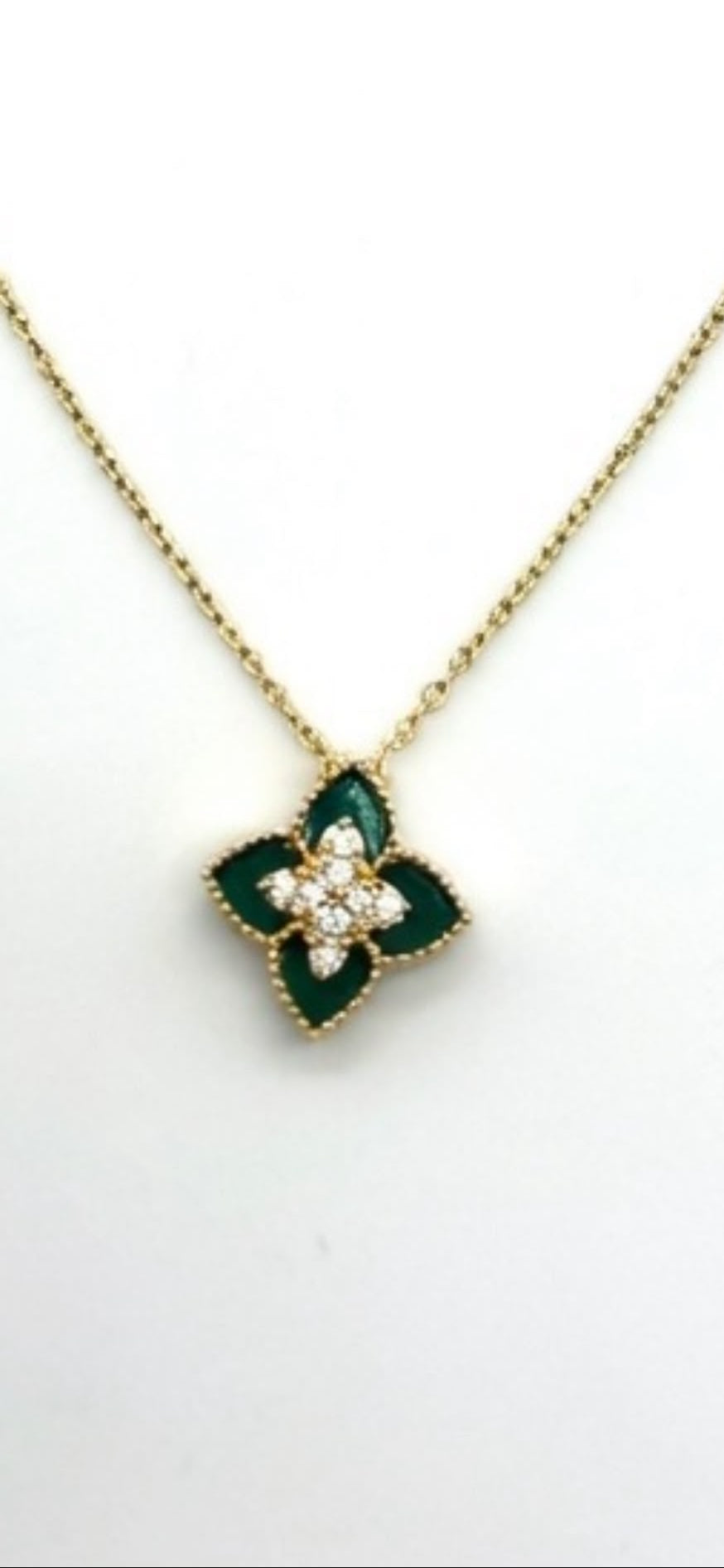 18k Gold Double-Sided Malachite & Zirconia Flower Pendant Necklace - 3g (Approx)