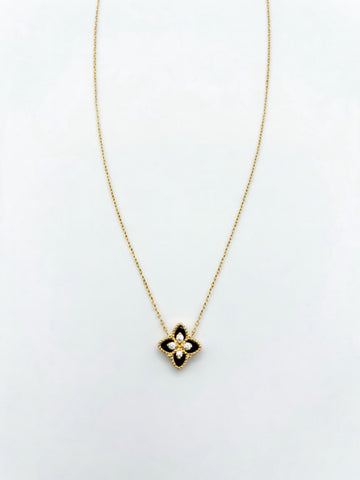18k Gold Double-Sided Black Enamel & Zirconia Flower Pendant Necklace - 3.5g (Approx)