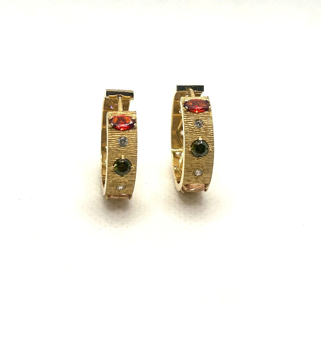18k Yellow Gold Hoop Earrings With Multicolour Zirconia - 7g (Approx)